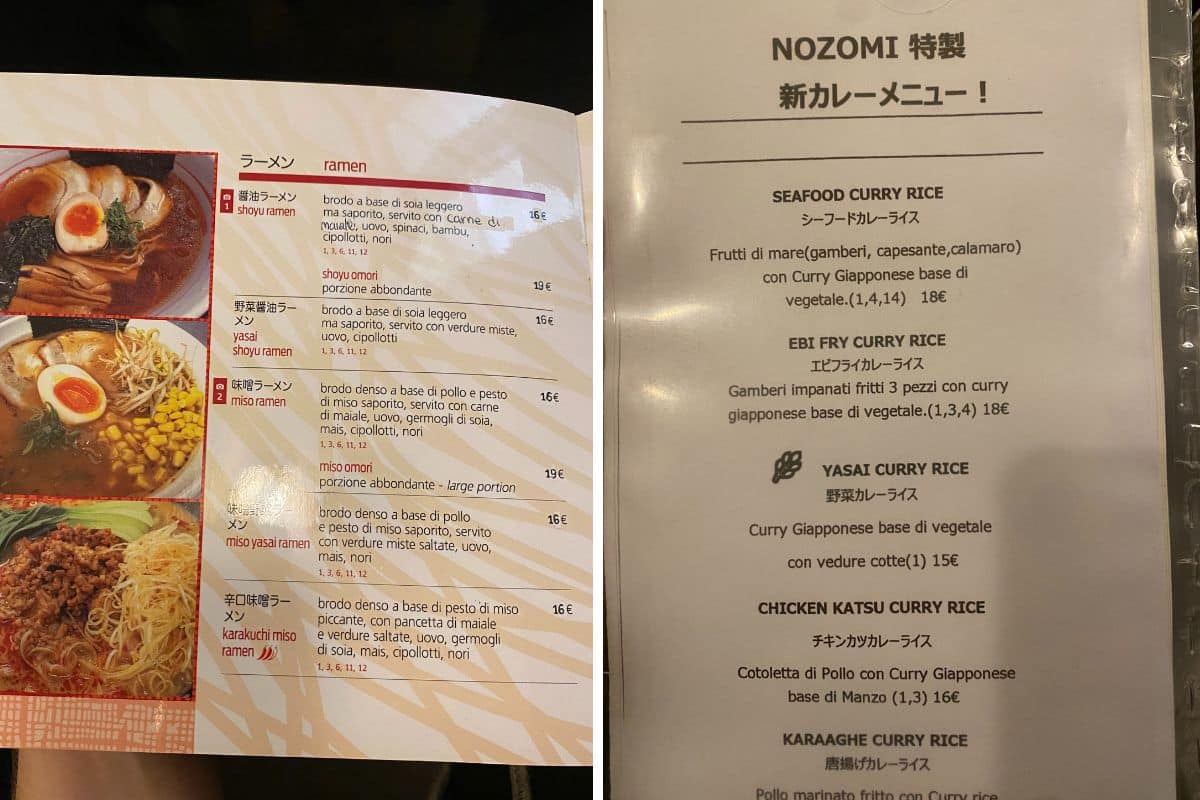 Nozomi Milano menu e prezzi